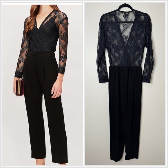 Maje Pants - Maje Black Illusion Lace Top Long Sleeve Crepe Straight Leg Jumpsuit Size 36